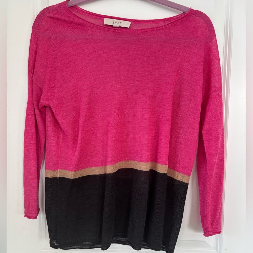 LOFT Vibrant Pink and Black top with Tan Stripe